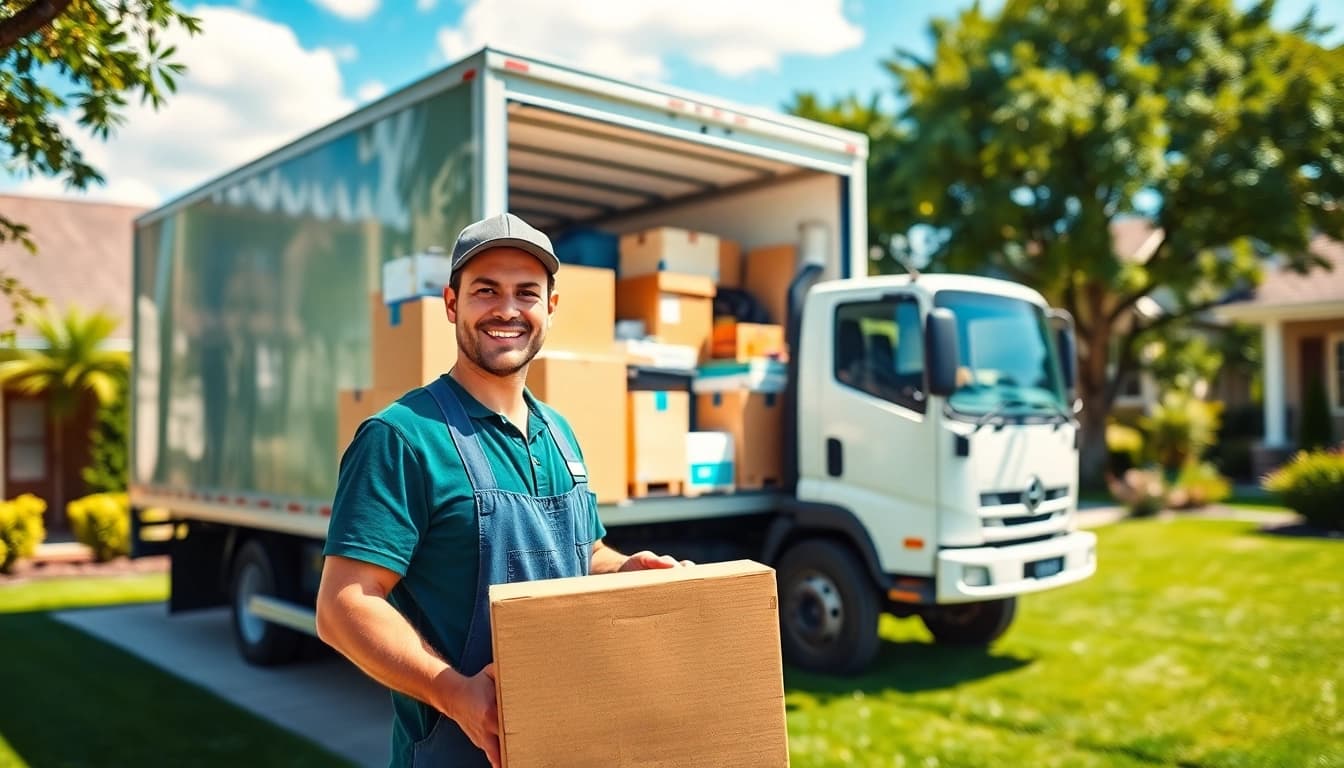 Hauling crew efficiently transporting items in a vibrant residential setting.