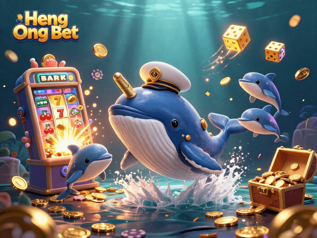 Experience fun with Heng Ong Bet as a cartoon whale and friends enjoy a joyful casino scene with coins and games.