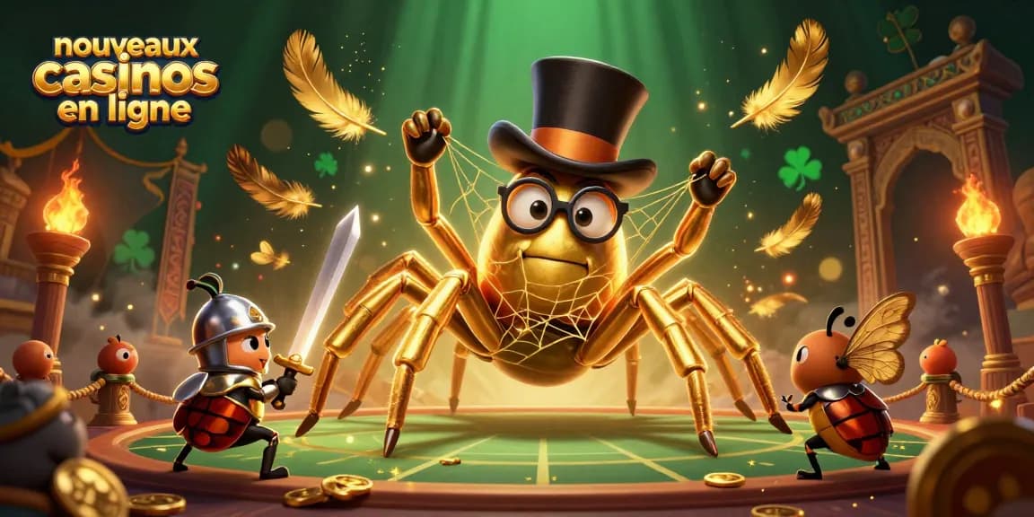 Découvrez les nouveaux casinos en ligne avec une araignée dorée et un insecte chevaleresque dans un décor animé.