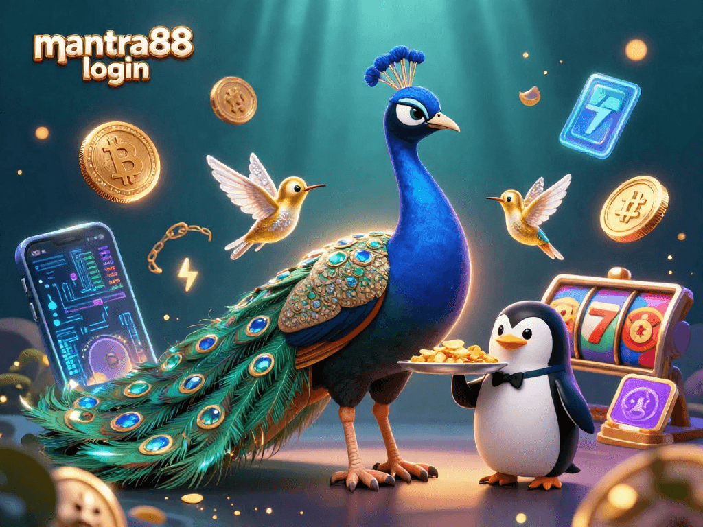 Engage in thrilling gameplay with mantra88 login as the peacock leads a vibrant casino scene.