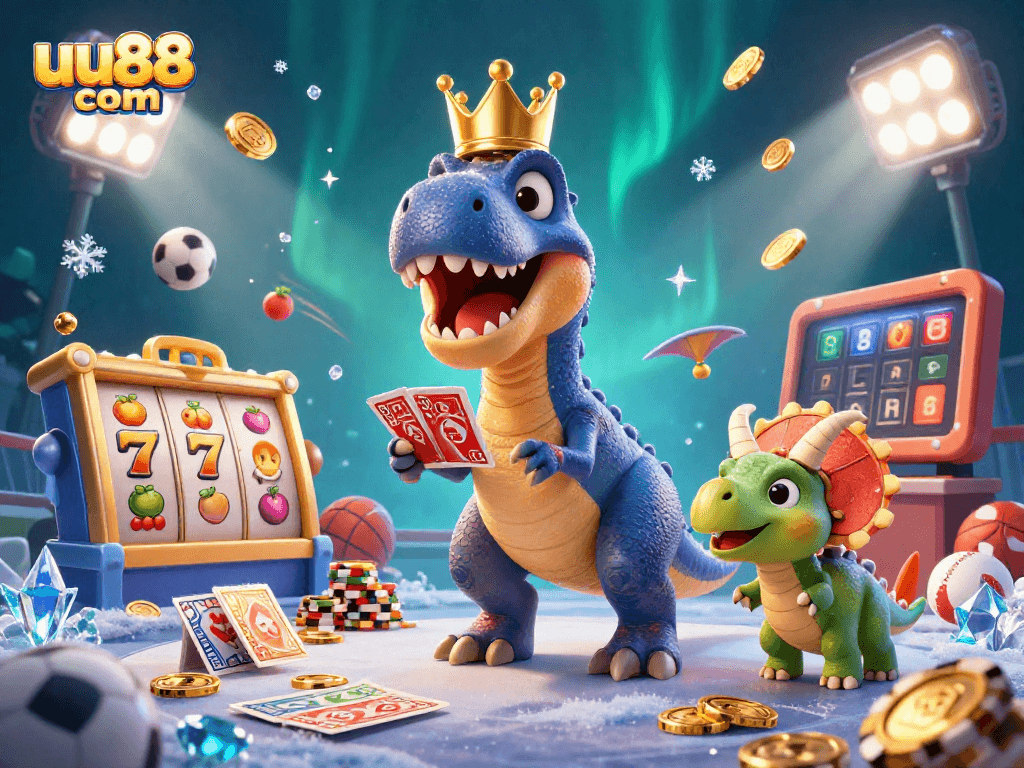 Bet on uu88 com with 3D T-Rex and friends shuffling cards in an exciting casino scene.