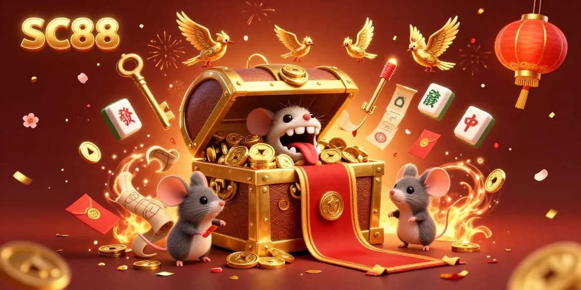 SC88 lures players with a golden treasure chest and exciting slot game visuals, offering epic jackpot wins.