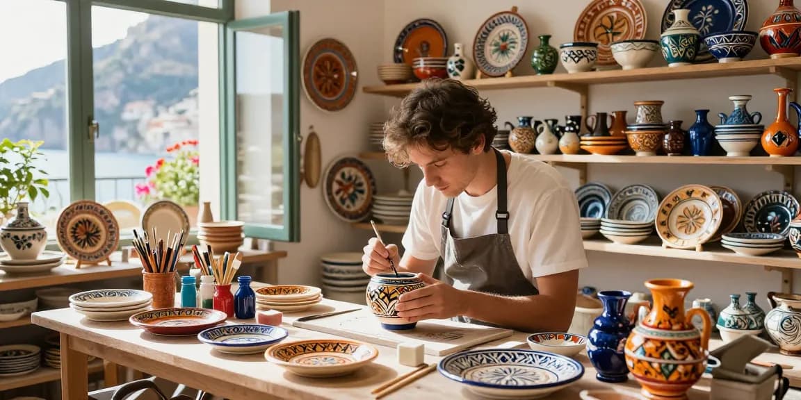 Delightful artisan painting Italian ceramics in a sunlit workshop.