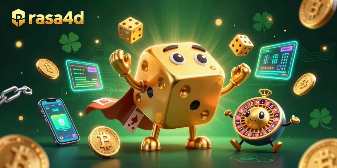 Menggulingkan dadu emas besar dan bermain sambil menunjukkan rasa4d dengan elemen cryptocurrency yang mencolok.