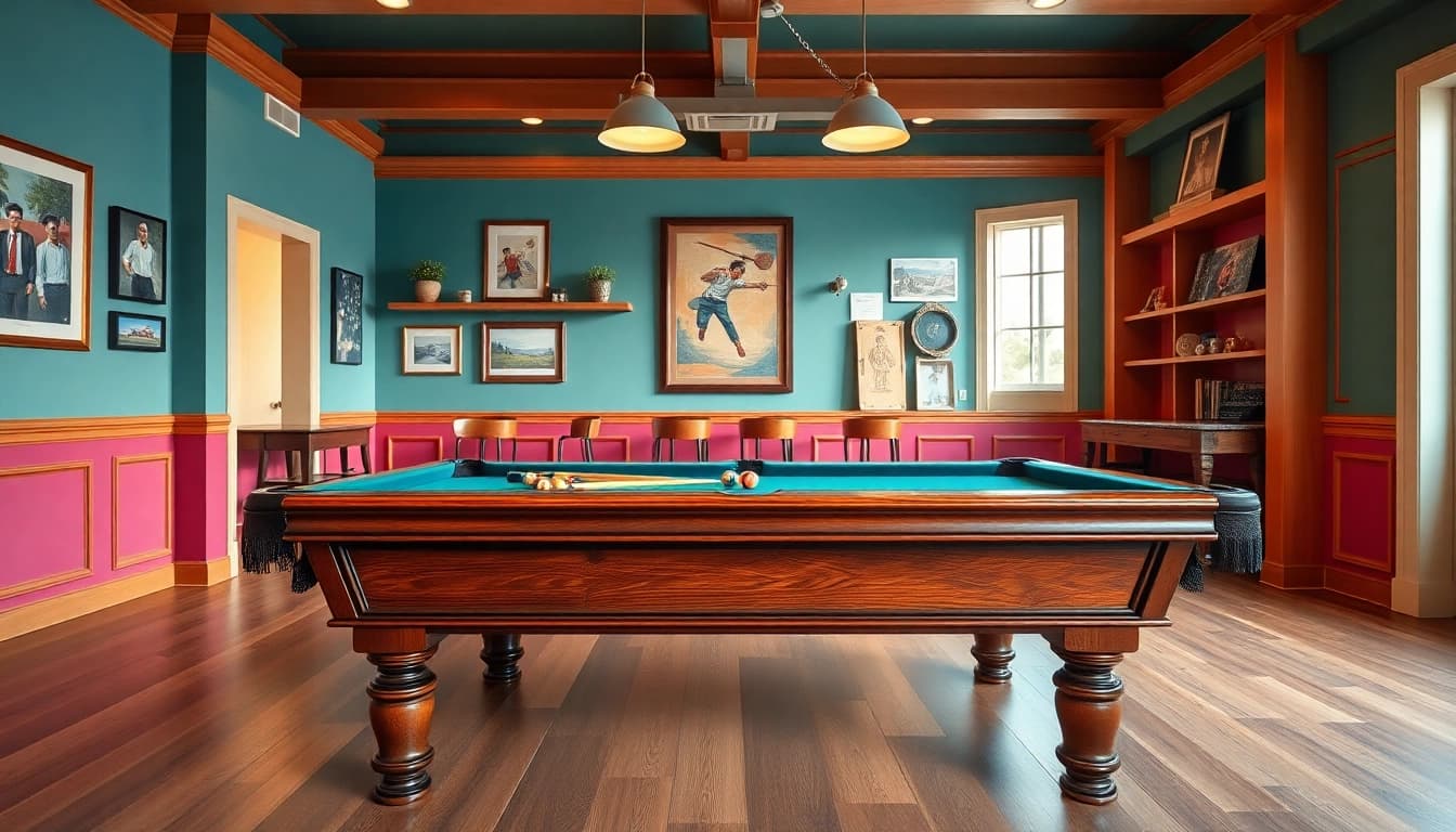 Buy Pool Tables featured in a vibrant game room with a warm ambiance and elegant design.
