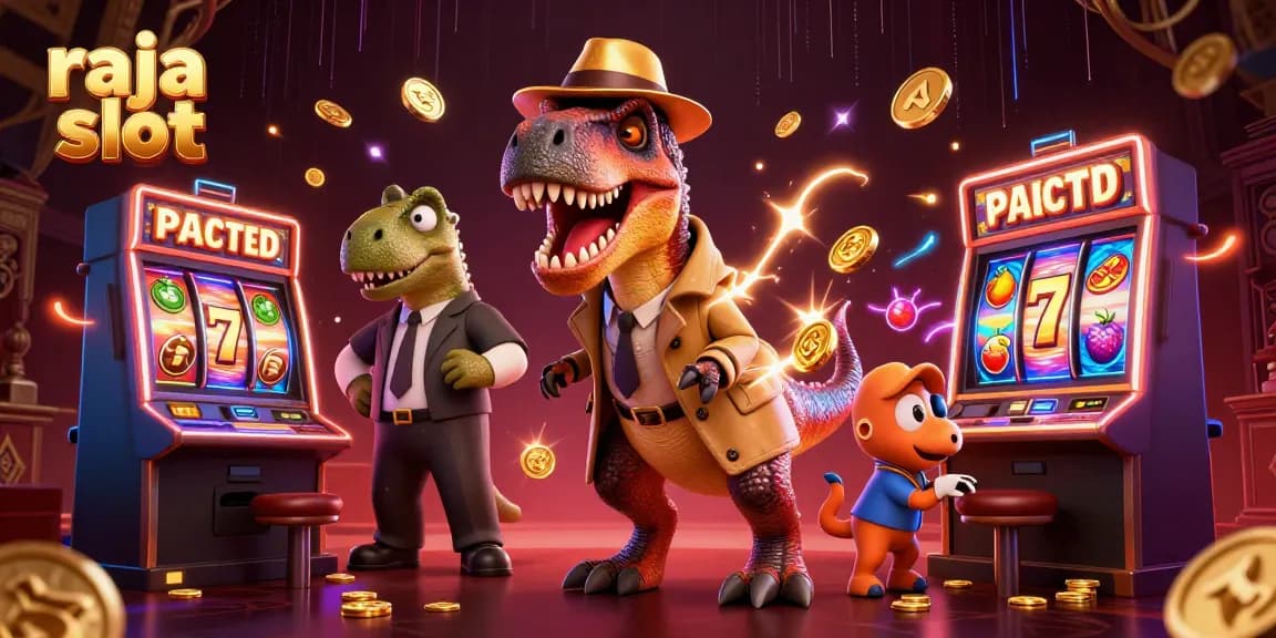 Engage in thrilling gameplay at raja slot with a cartoon velociraptor, slot reels, and jackpot excitement.