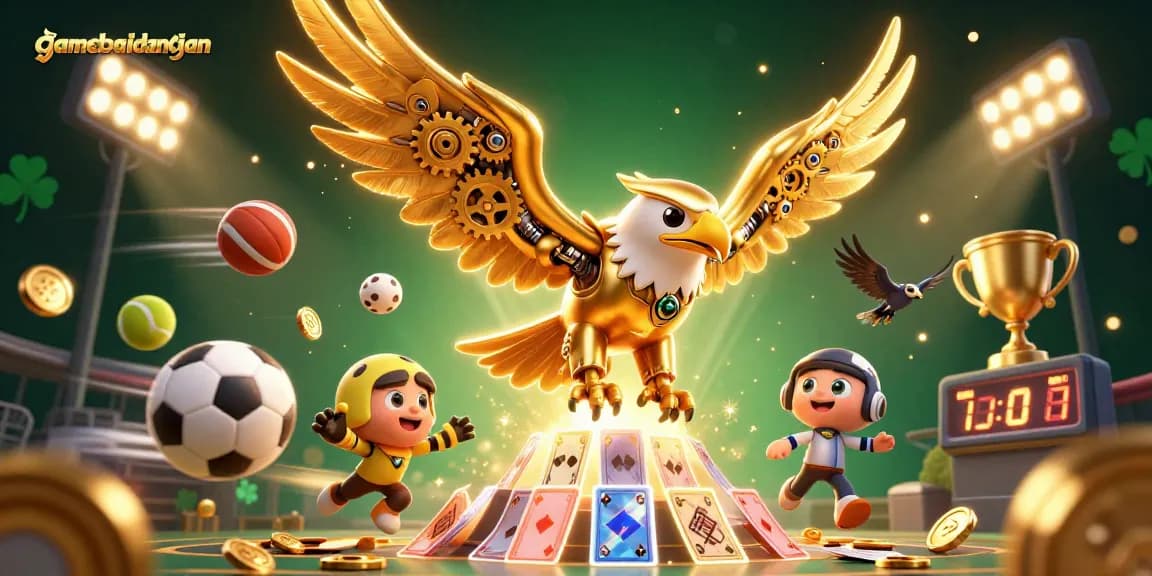 Experience thrilling action in Jhandi Munda with gamebaidangian’s vibrant illustration, featuring golden eagle and dynamic gameplay.