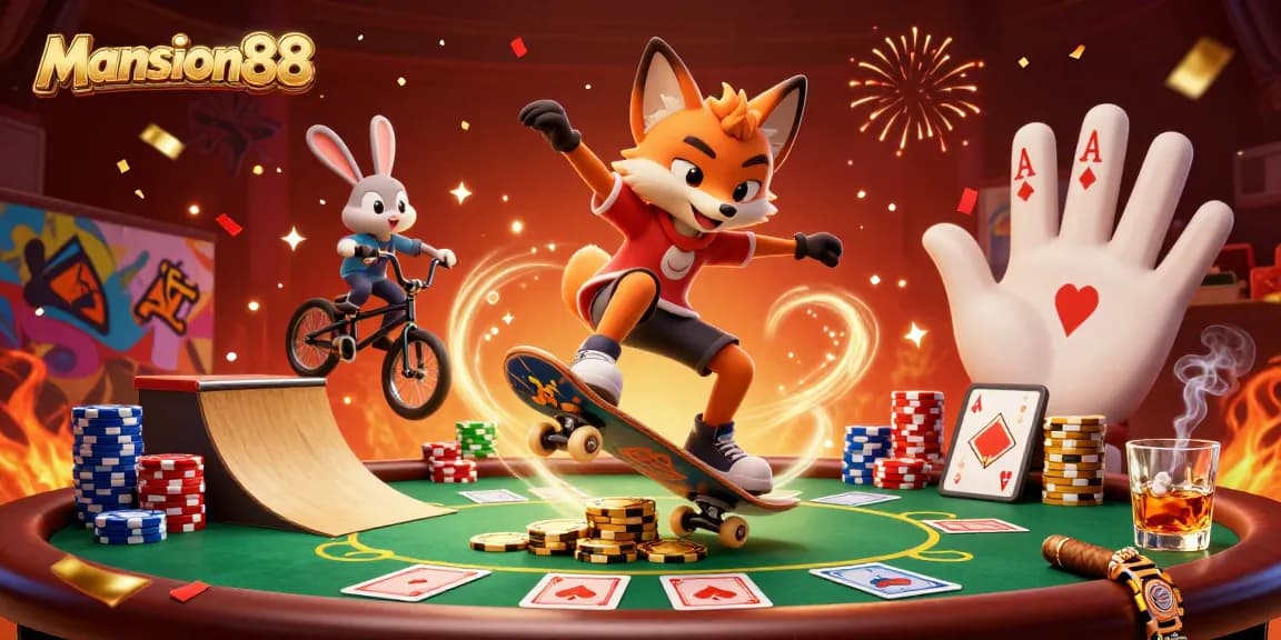 Mansion88 showcases a dynamic 3D scene with characters surrounded by vibrant casino elements in a thrilling depiction.