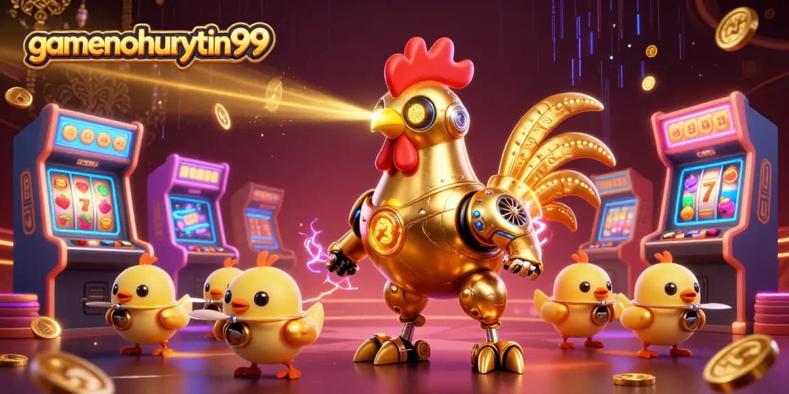 Experience the thrill of gamenohuuytin99 with a vibrant casino-themed illustration featuring a golden rooster robot.