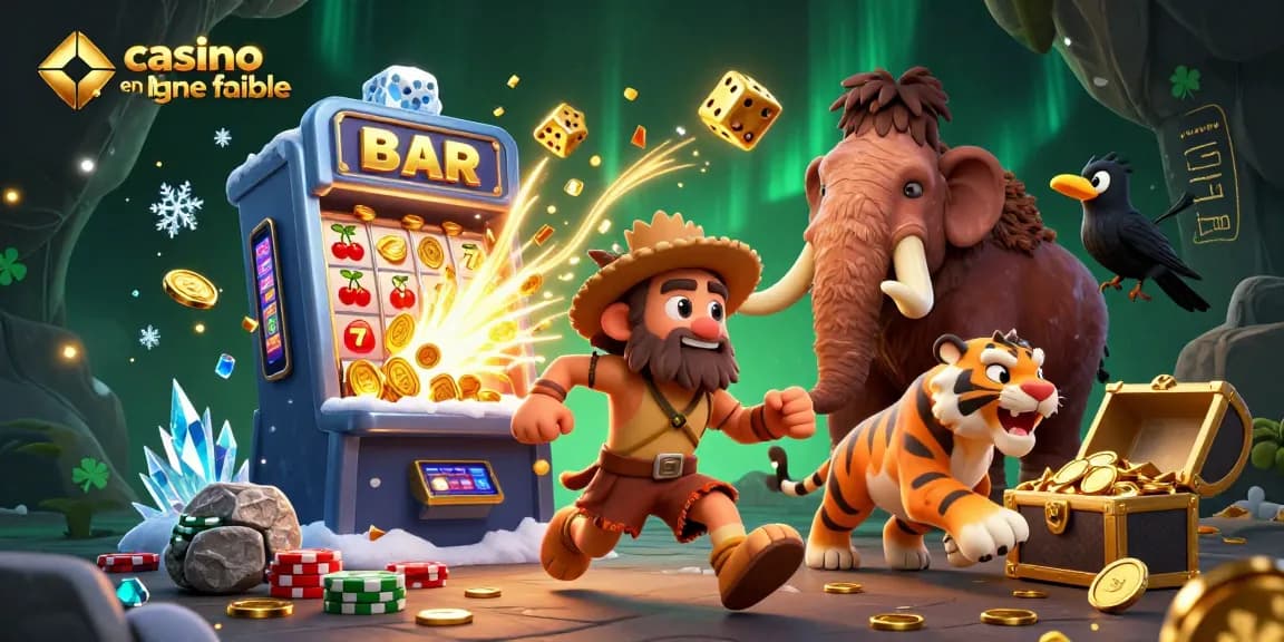 Attirez l'attention sur un casino en ligne fiable avec une illustration d'un duo de personnages préhistoriques.