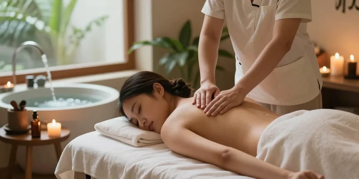 마사지 테라피 중인 고객과 편안한 분위기의 스파 환경