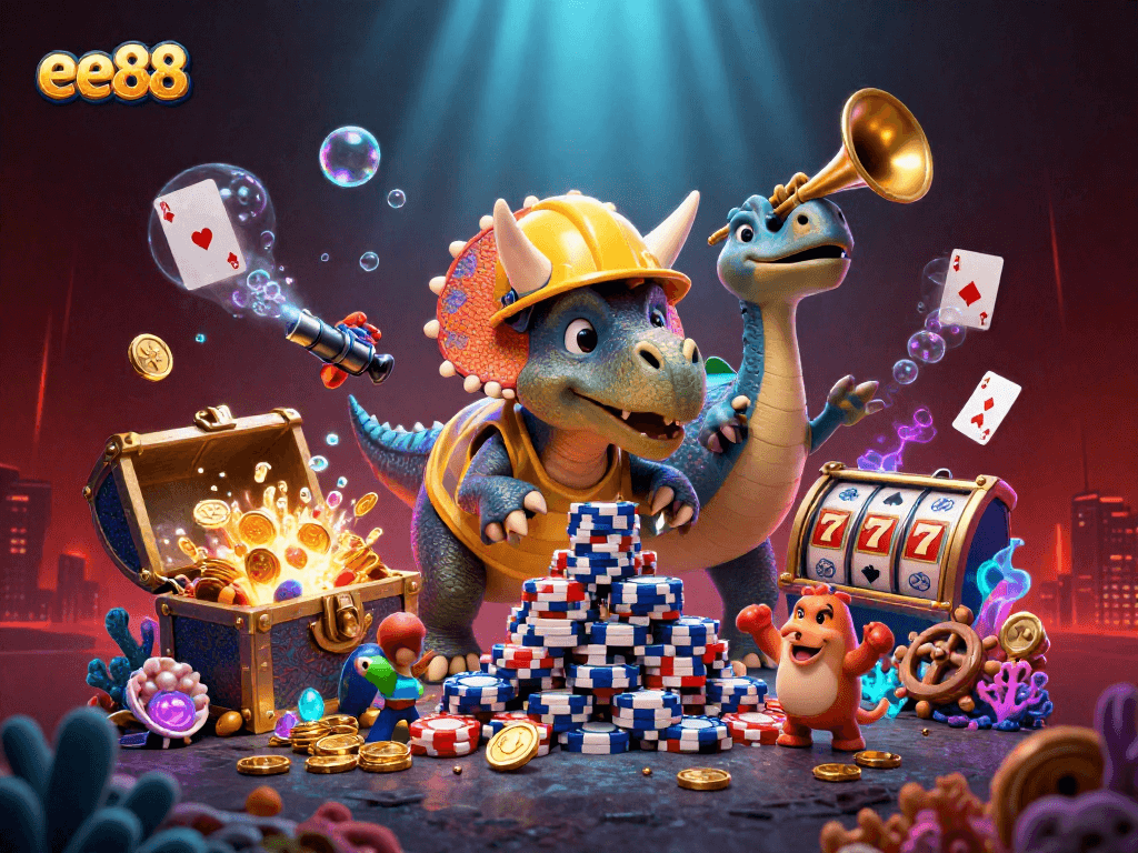 Bet big with ee88 at a vibrant online casino, featuring joyful dino characters and colorful slot games.