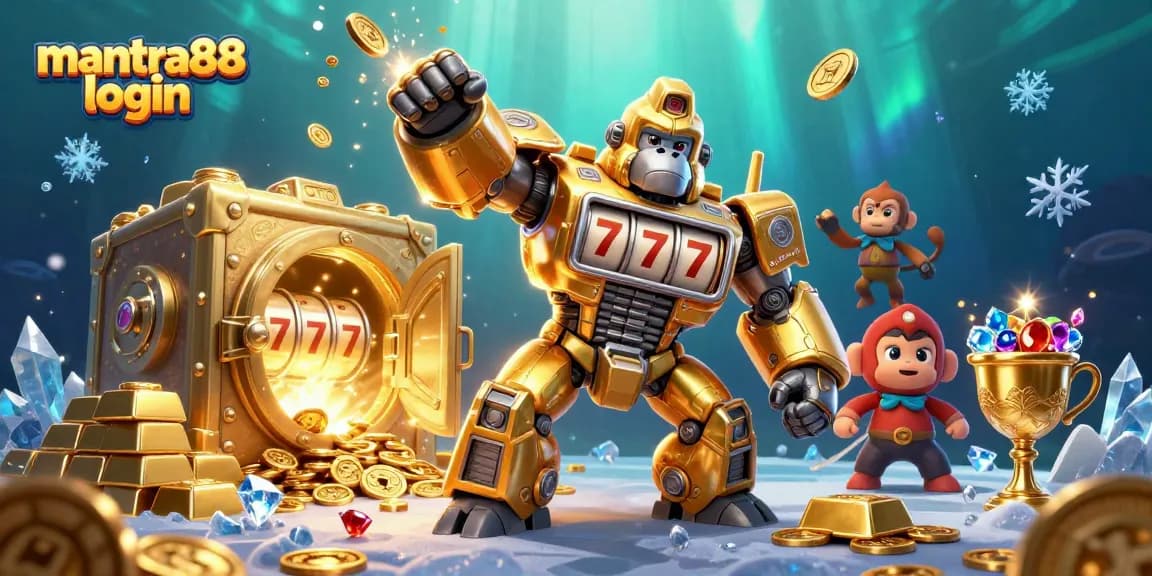 Experience excitement with mantra88 login; a dynamic casino scene featuring a golden gorilla mech and treasure explosion.