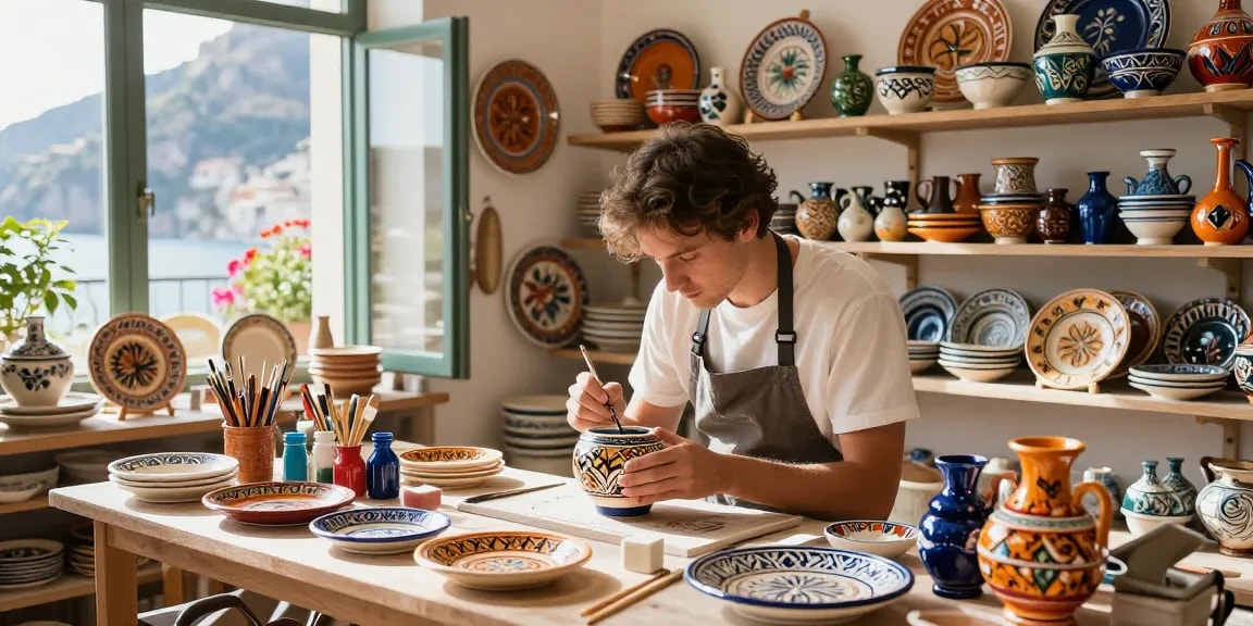 Delightful artisan painting Italian ceramics in a sunlit workshop.