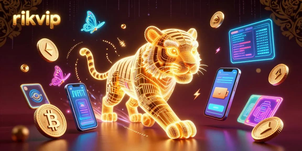 Experience exciting gaming at RIKVIP with neon energy, cryptocurrency symbols, and vibrant casino graphics.