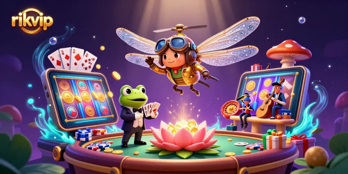 Experience exciting winning moments with rikvip's dynamic casino-themed illustration featuring vibrant games and characters.