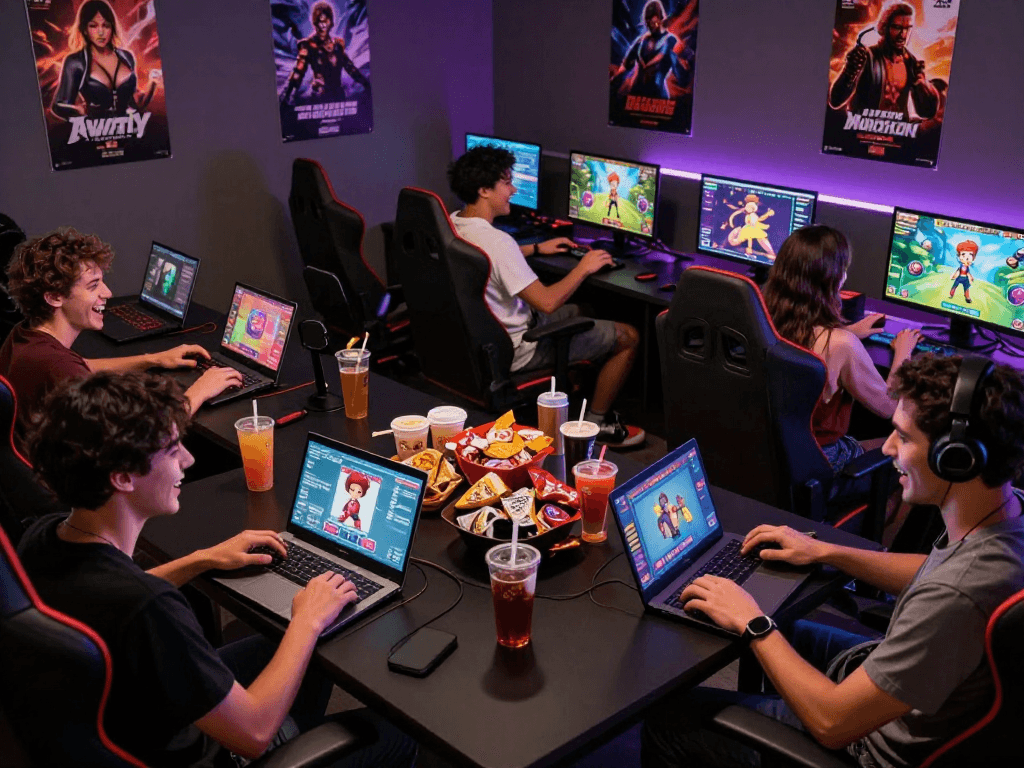 Engaging scene of diverse players enjoying sex games on various devices in a vibrant gaming lounge.
