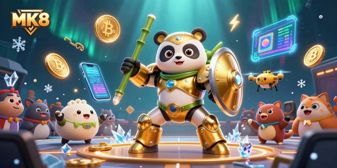 Engage in thrilling gameplay with MK8, featuring a golden panda mech in an action-packed casino arena.