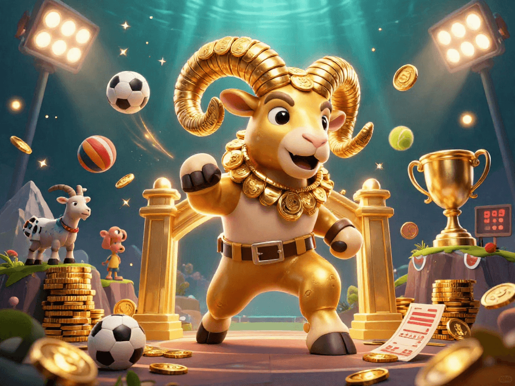 Iwin showcases a golden ram charging through a casino-themed scene filled with dynamic sports betting elements.