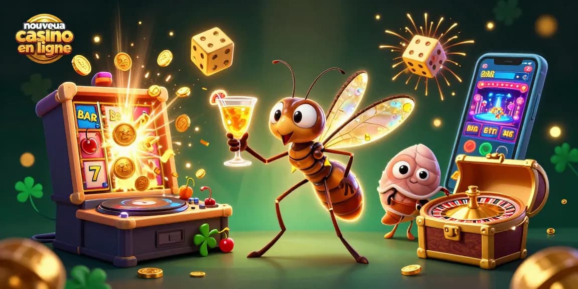 Illustration dynamique du nouveau casino en ligne avec un moustique mascotte et un DJ trilobite dans un décor de jeu.