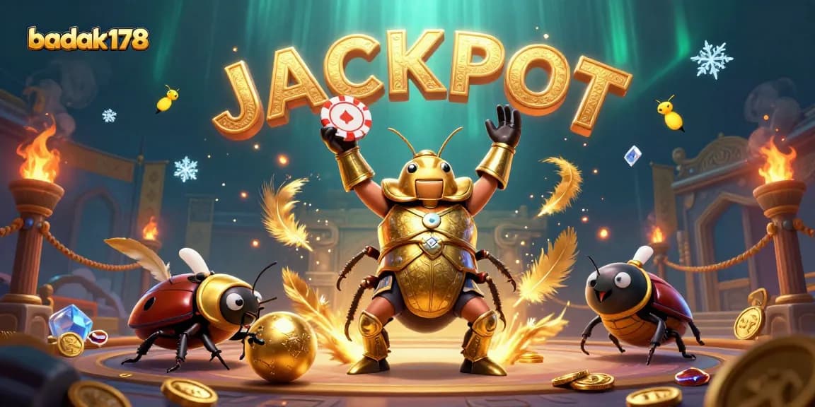 Engage in the action at badak178 with a heroic beetle lifting a poker chip amidst golden coins.