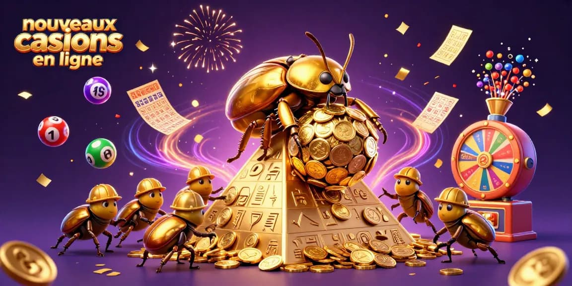 Illustration dynamique de nouveaux casinos en ligne, montrant des scarabées dorés avec des symboles de jeux et des ballons colorés.