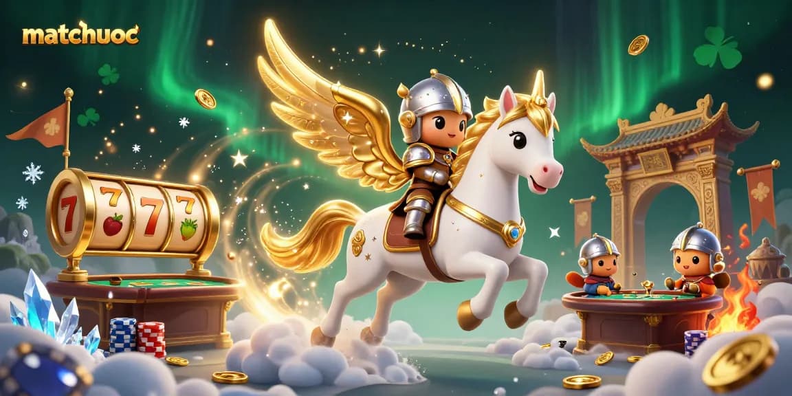 Matchuoc engages with dazzling 3D casino action, featuring a celestial horse and knight amidst slot reels and poker tables.