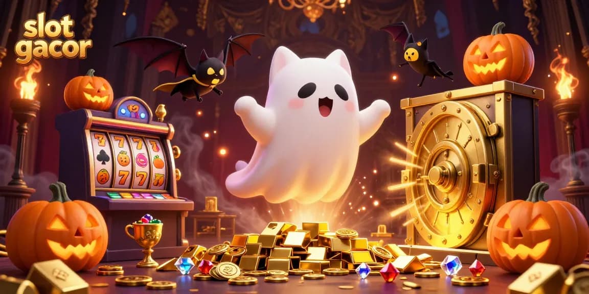 Engage with slot gacor action amidst a haunted casino, featuring vibrant characters and sparkling treasures.