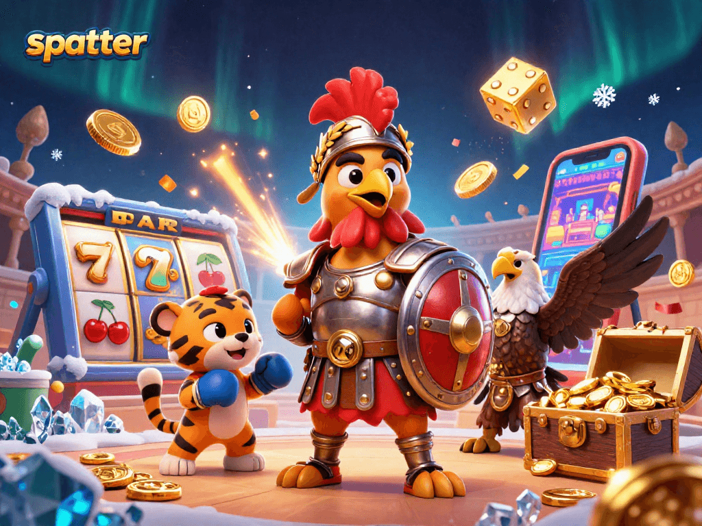 Experience scatter excitement in this dynamic casino scene with a gladiator rooster and jackpot elements.
