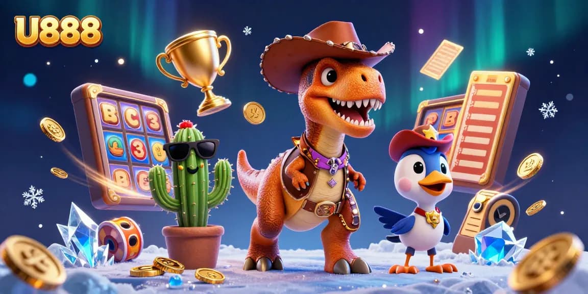 U888 slots action with colorful characters and dynamic casino elements creating an engaging online gaming experience.