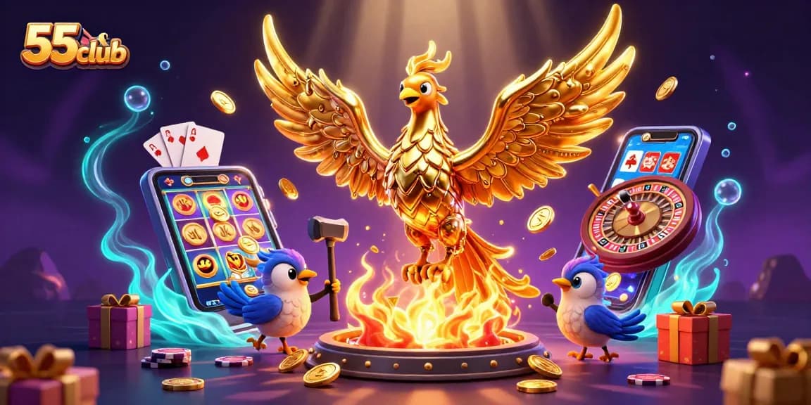 Experience the thrill of 55club with a golden phoenix and vibrant slot games in a captivating scene.