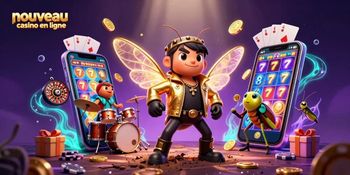 Gagnez avec le nouveau casino en ligne à travers une illustration dynamique de jeux et personnages colorés.