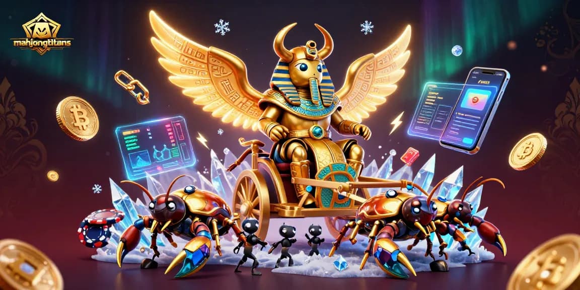 Engage in mahjongtitans with a stunning scene of a colossal golden scarab and scorpions amidst dazzling crypto elements.
