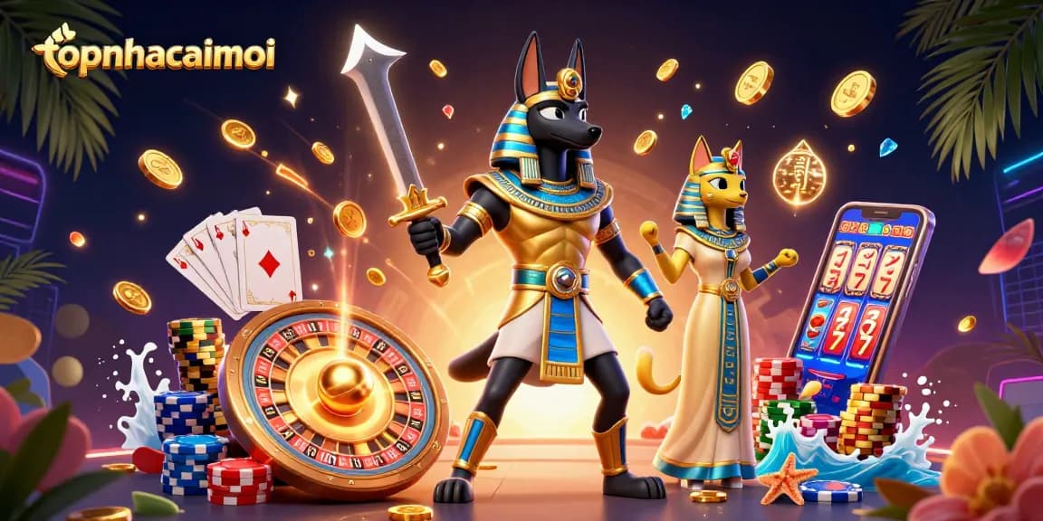 Spin the 3D roulette and win big with topnhacaimoi's vibrant casino scene featuring Anubis and Bastet.