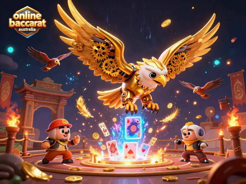 Play online baccarat Australia with a dynamic casino-themed illustration featuring a cybernetic eagle and holographic cards.