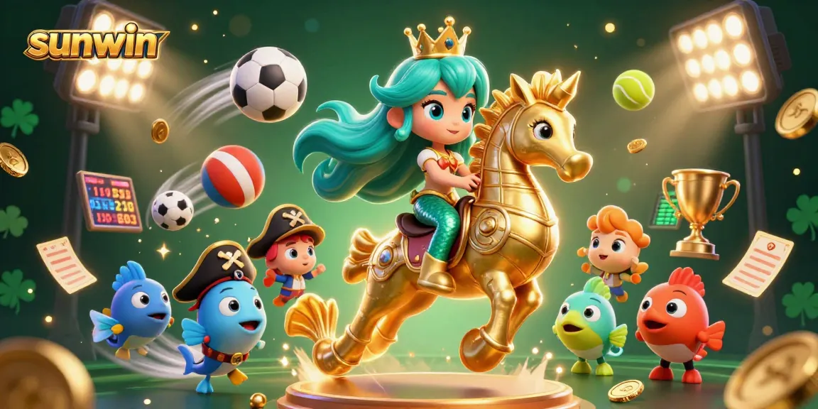 Experience sunwin’s vibrant gaming atmosphere with a mermaid, seahorse, and dynamic sports elements.
