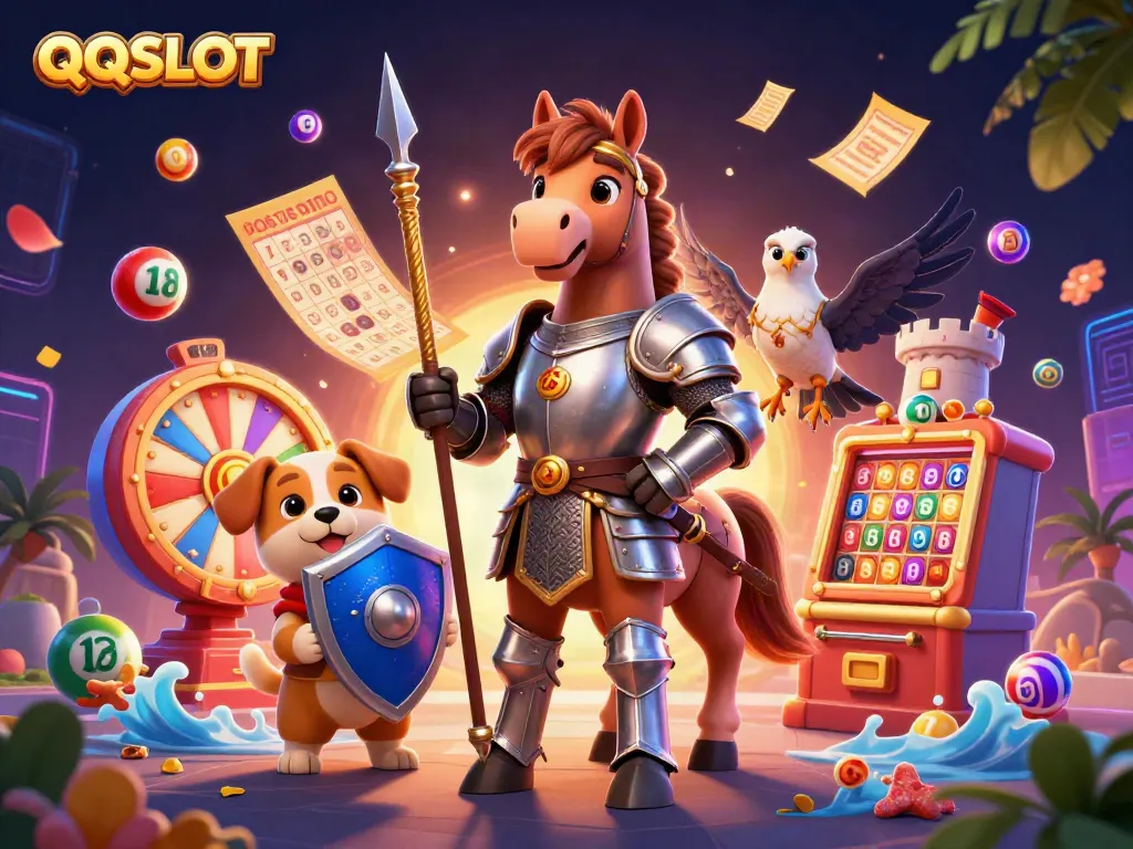Experience the excitement of QQSLOT with a dynamic casino-themed 3D illustration.