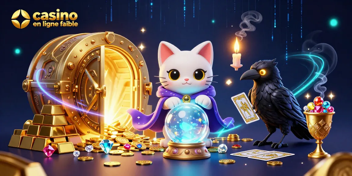 Jouez au casino en ligne fiable avec un graphique énergique de chat mystique et de corbeau entouré de trésors.