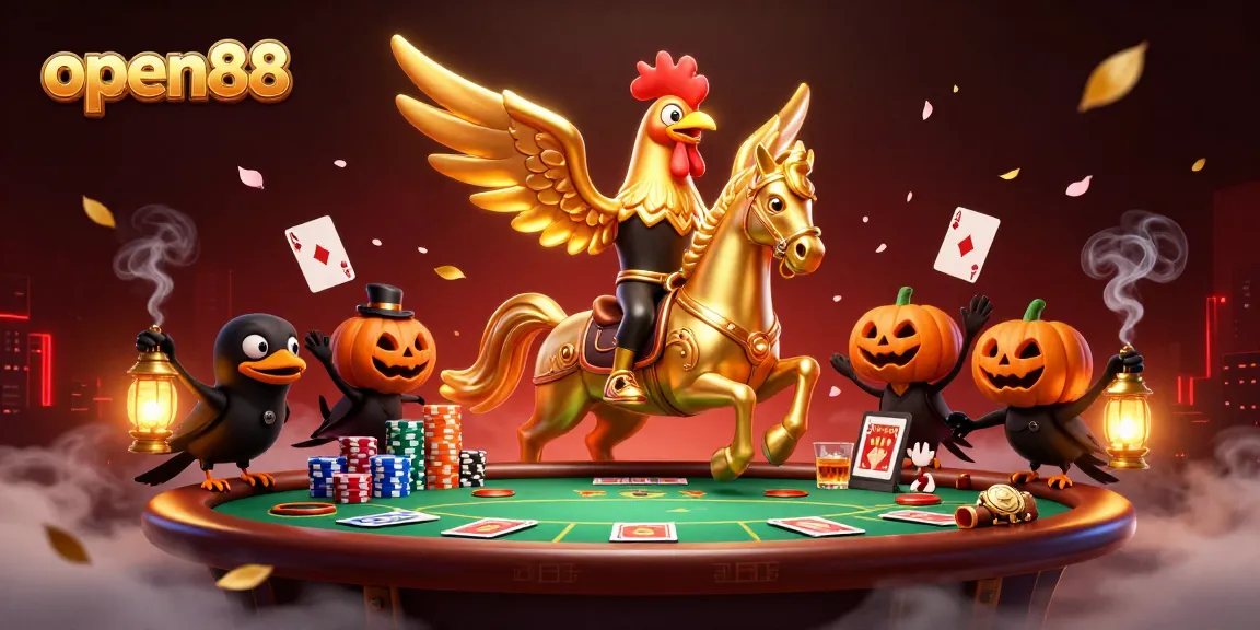 Join the thrill at open88 with a spectacular casino scene featuring a golden rooster and pumpkin-headed crows.