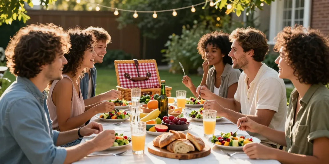 Group of friends enjoying a meal outdoors, encouraging readers to read more on our blog for tips and recipes.