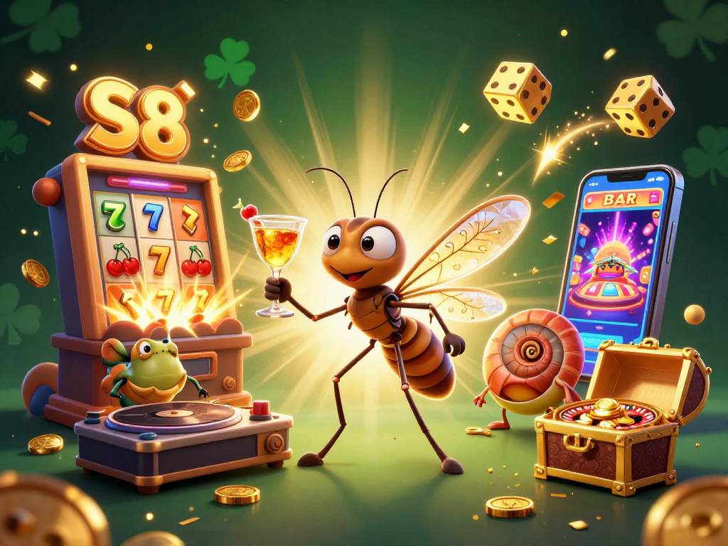 S8 casino illustration showcases a unique frozen mosquito mascot, a trilobite DJ, and a golden roulette wheel against a vibrant background