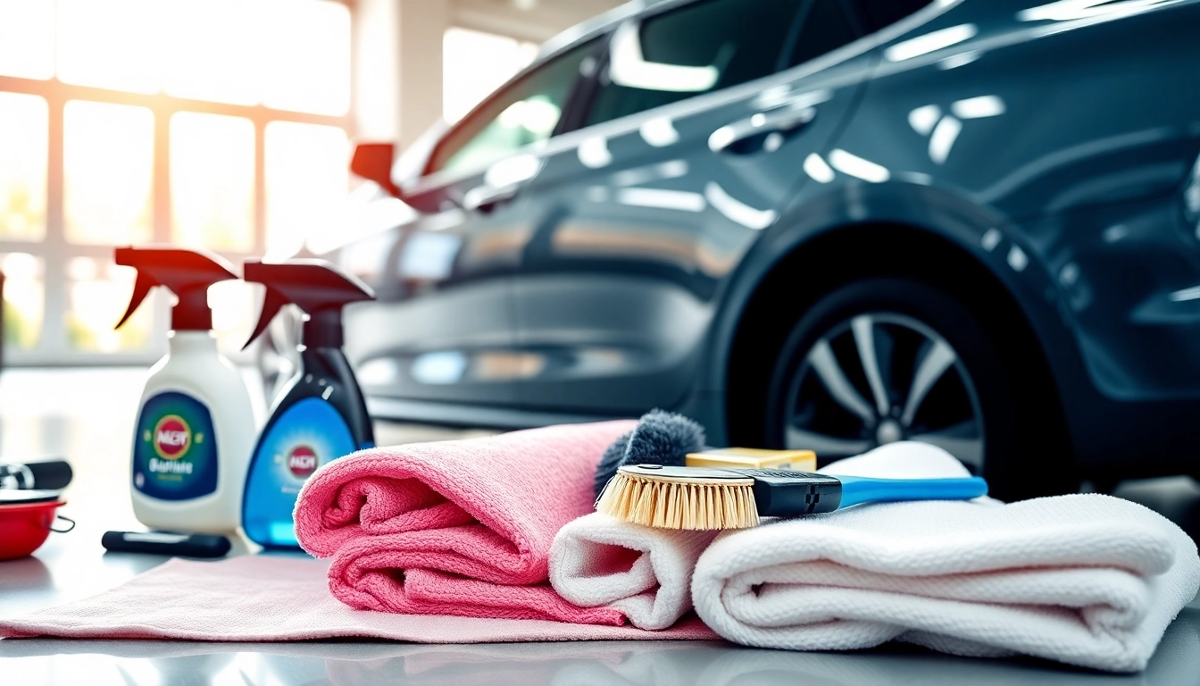 Showcasing a simple car detailing routine for beginners with organized tools and a shiny car.
