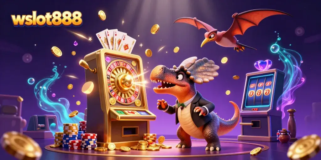 Gambarkan wslot888 saat Dinosaurus memukul mesin slot yang menghasilkan koin jackpot.