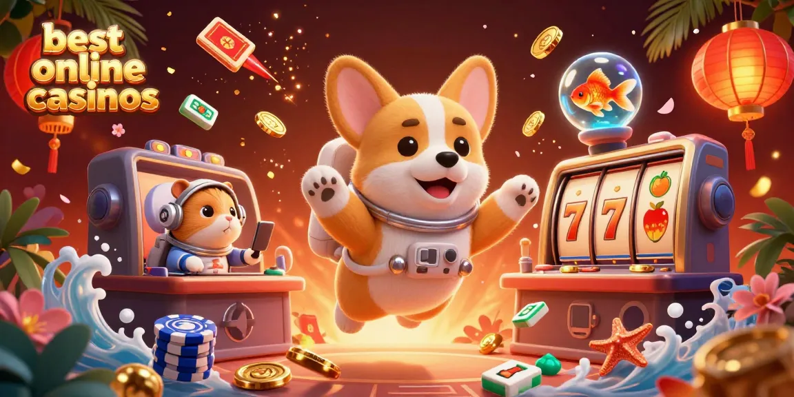 Experience the thrill of the best online casinos with a playful 3D scene featuring a floating corgi, jackpot slots, and festive visuals.
