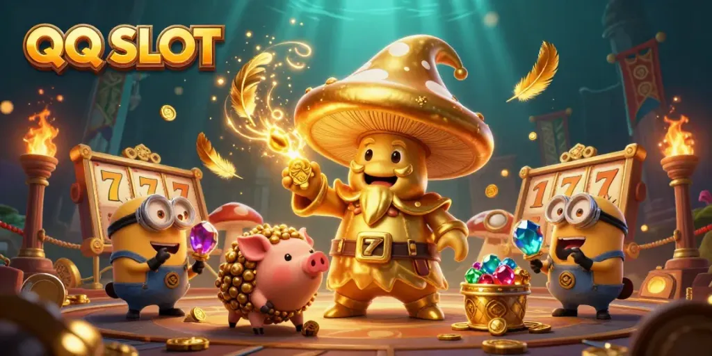 Experience adventure in QQ SLOT with a golden mushroom wizard, reels, treasure, and enchanting visuals.