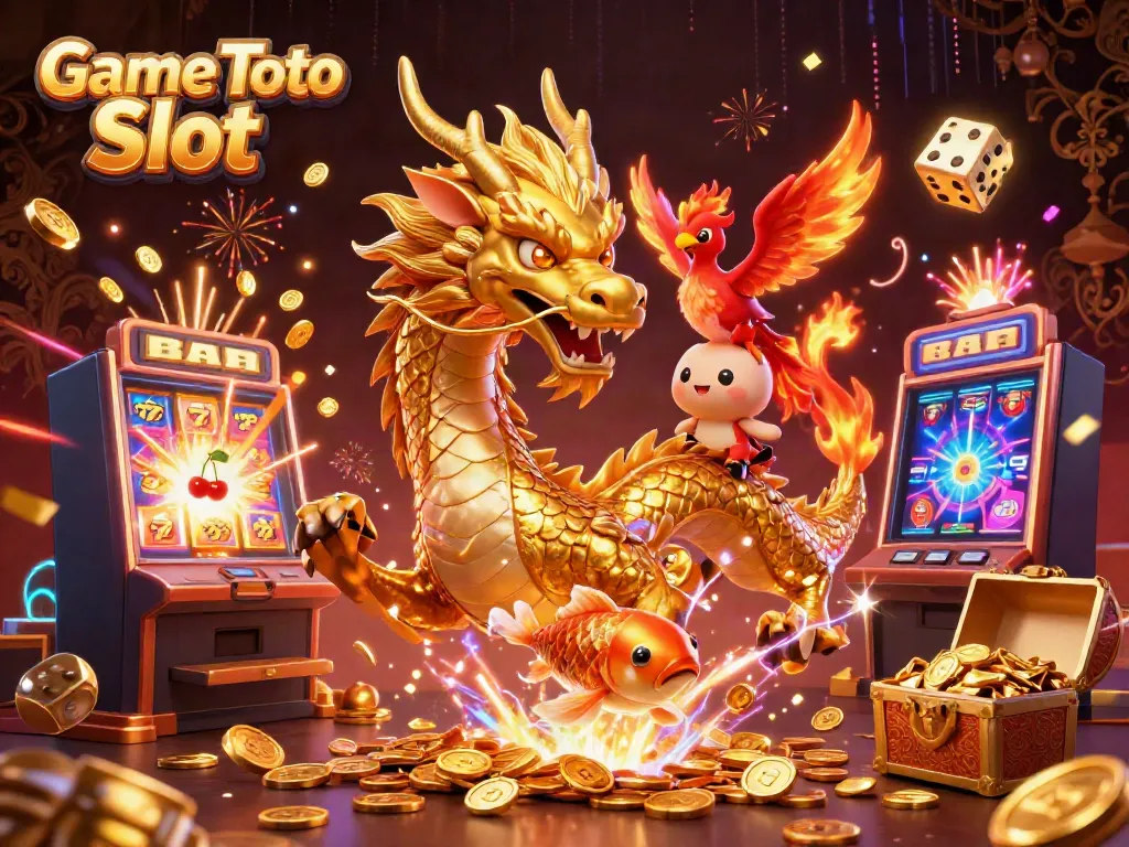 Game Toto Slot melibatkan naga emas, phoenix merah, dan ikan koi, terbang di atas mesin slot.