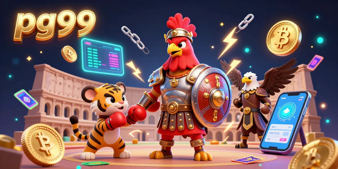Experience the dynamic energy of pg99's gaming scene featuring a gladiator rooster in an arena.