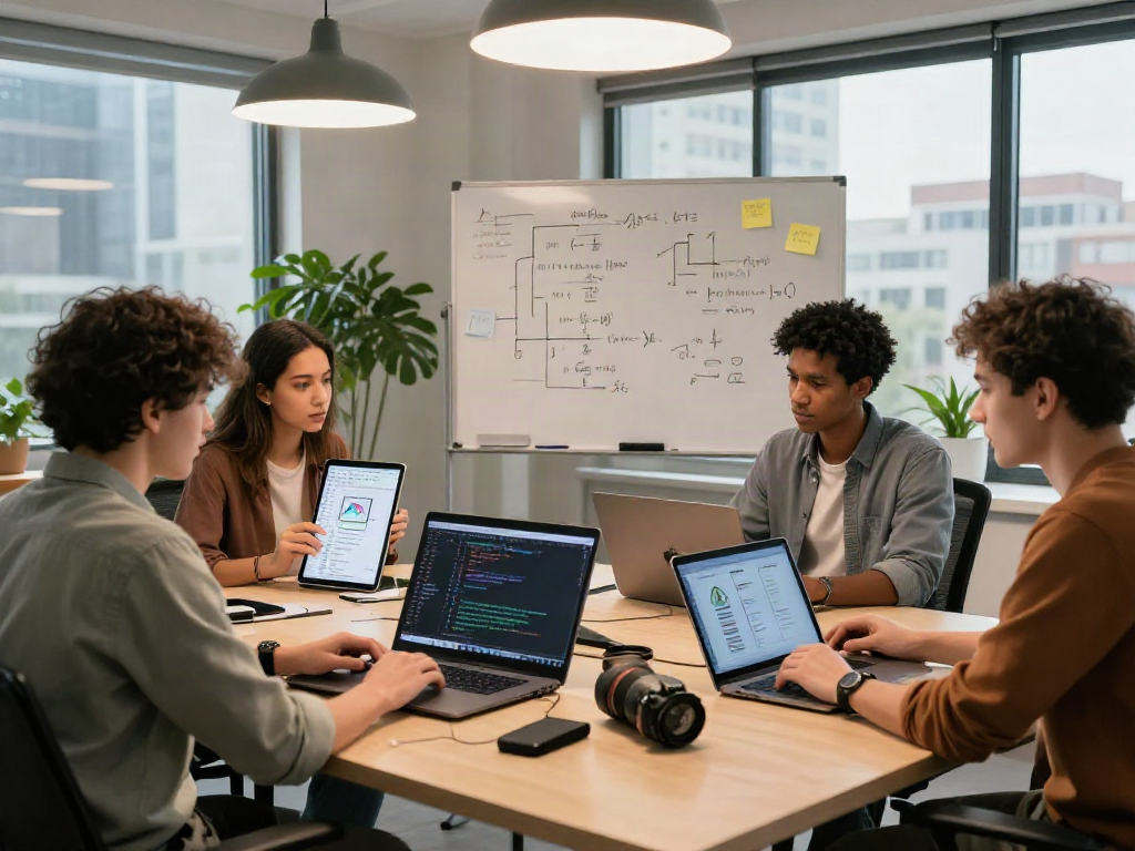 Engaged team collaborating on crush on ai development project in a modern workspace.