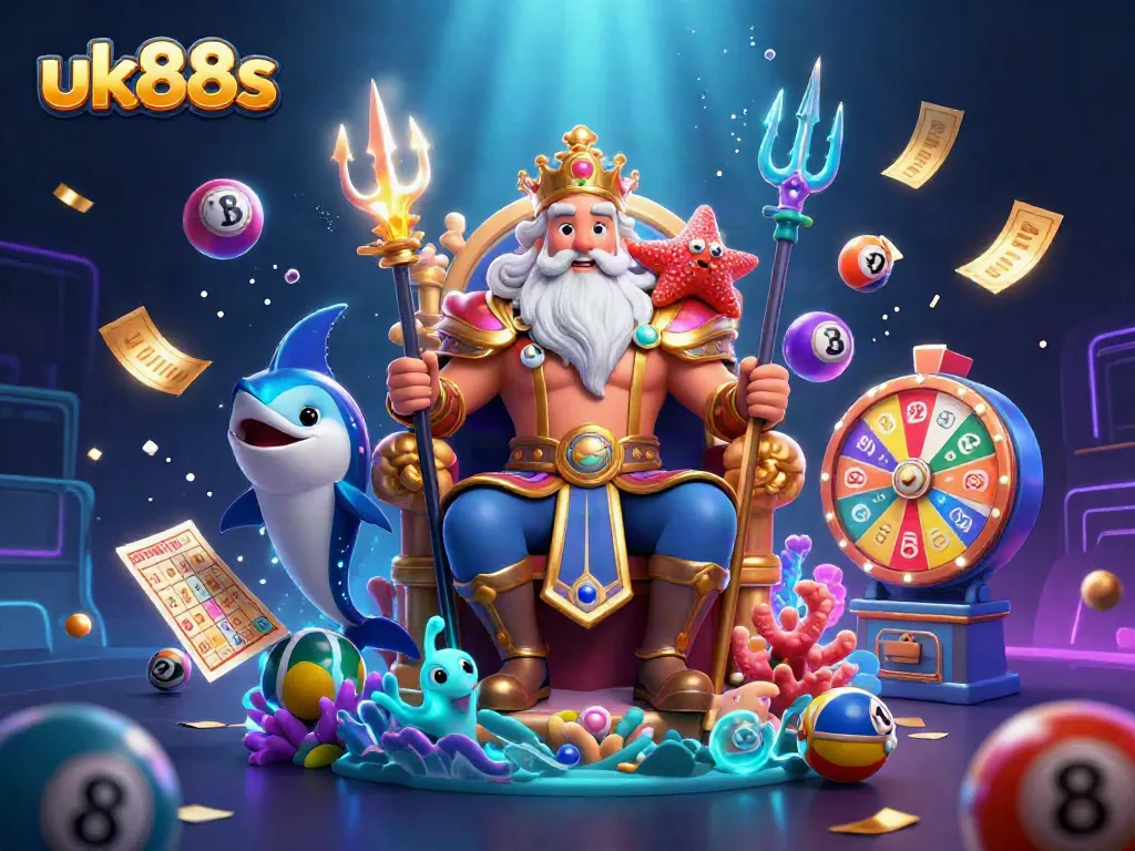 Engage with stunning uk88s-themed 3D casino imagery showcasing vibrant elements of lottery and gaming.