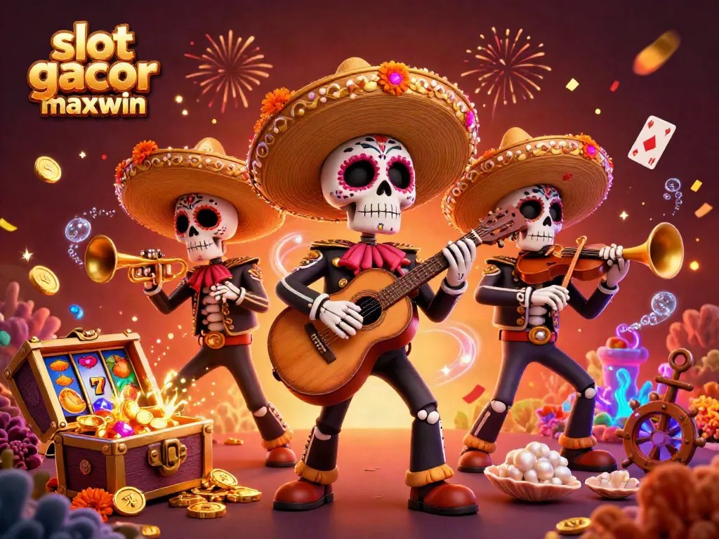 Memenangkan slot gacor maxwin dengan band mariachi tengkorak di kasino, dikelilingi simbol permainan berjudi yang berwarna-warni.
